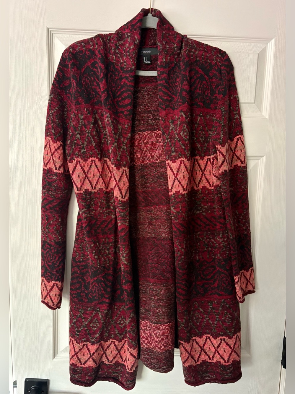 Forever 21 Red and Pink Open-Front Patterned Cardigan